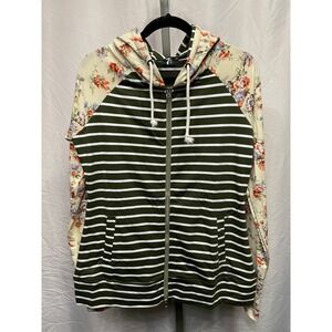 7 Degrees Womens Hoodie Floral Sleeve Olive Green White Stripe Zip Up Casual M